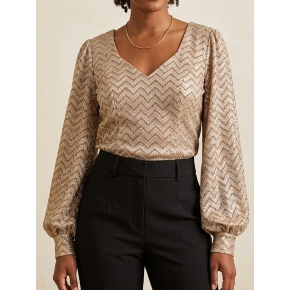 Venus Metallic Gold Chevron Balloon Sleeve Party Blouse Womens Size 10